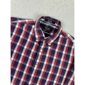 Nordstrom Shirt Mens Medium Trim Fit Red Blue Plaid Long Sleeve Button Up